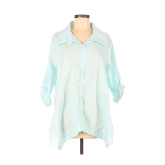 Inae Collection Mint Green Button-Down Asymmetrical Hem Shirt Womens S Cotton/Ny - Picture 2 of 6